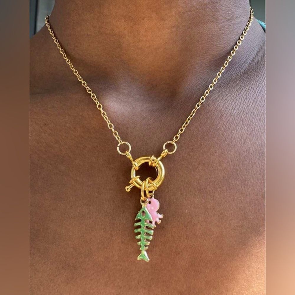 Gold Fishbone Pendant Necklace S1003